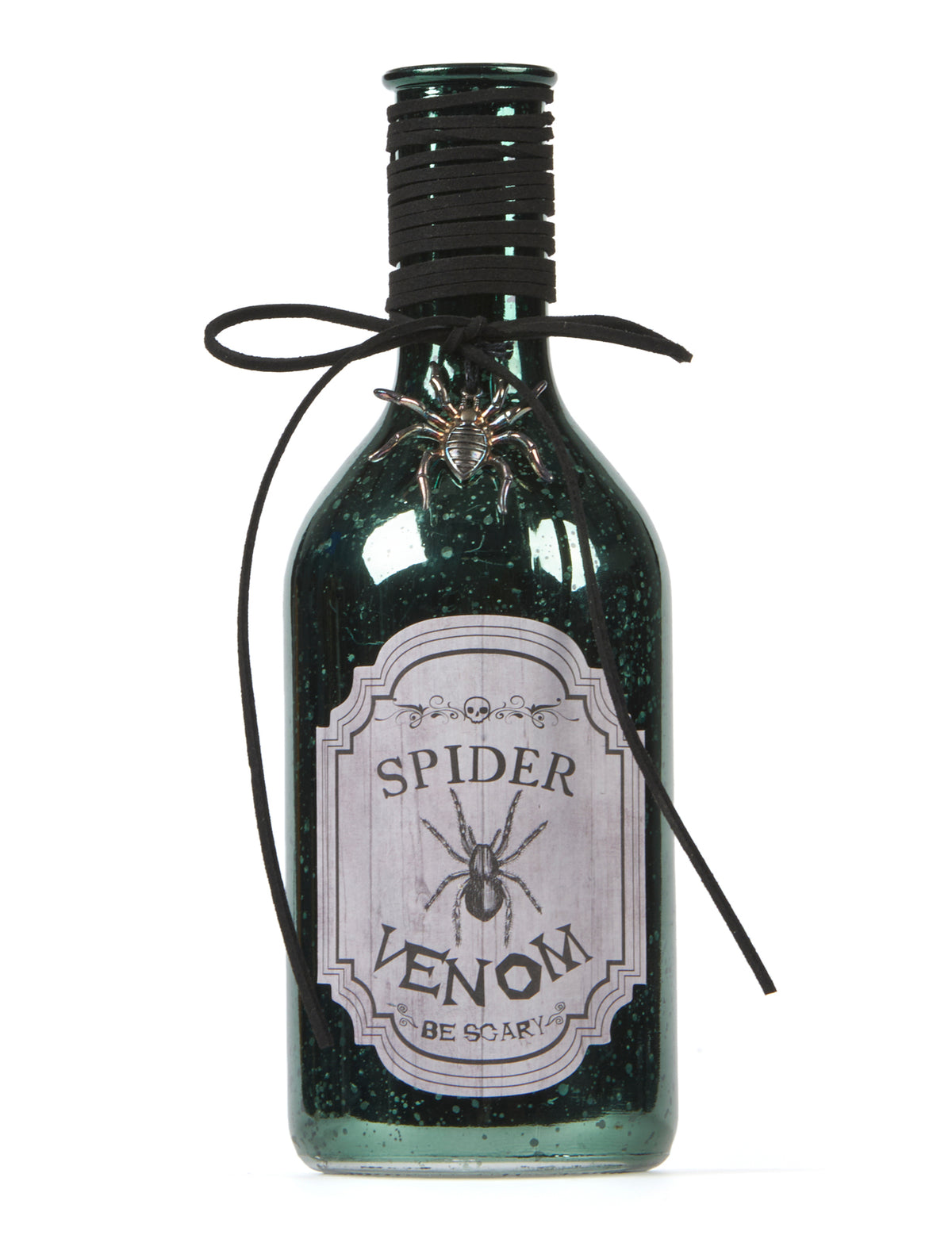 Fiole venin d'araignée pour décoration d'Halloween verte avec araignée en relief et cordon noir