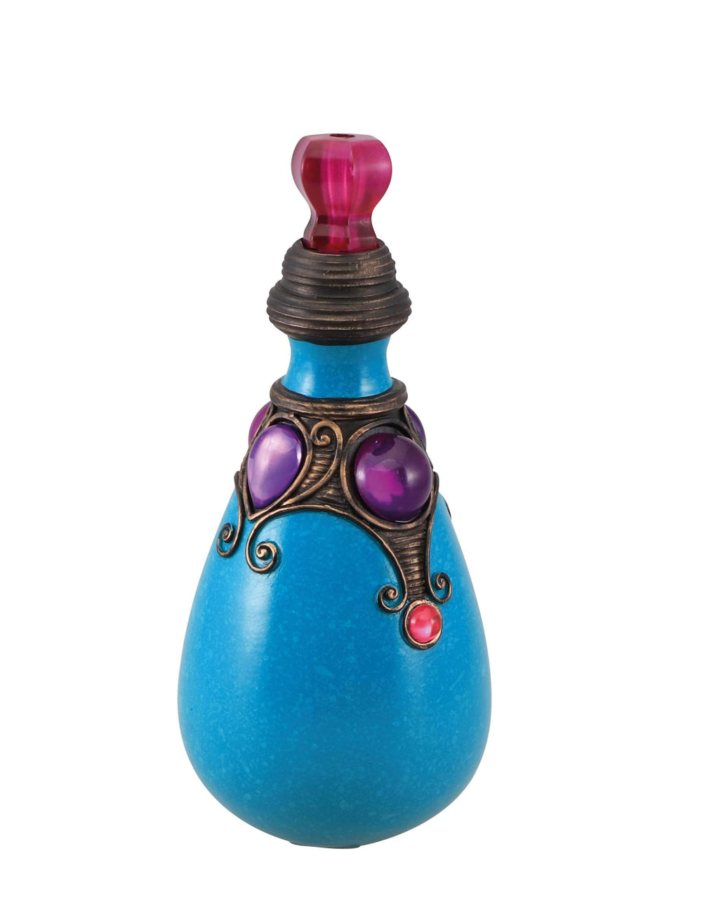 Flacon de potion bleu en résine avec ornements violets et bouchon rose