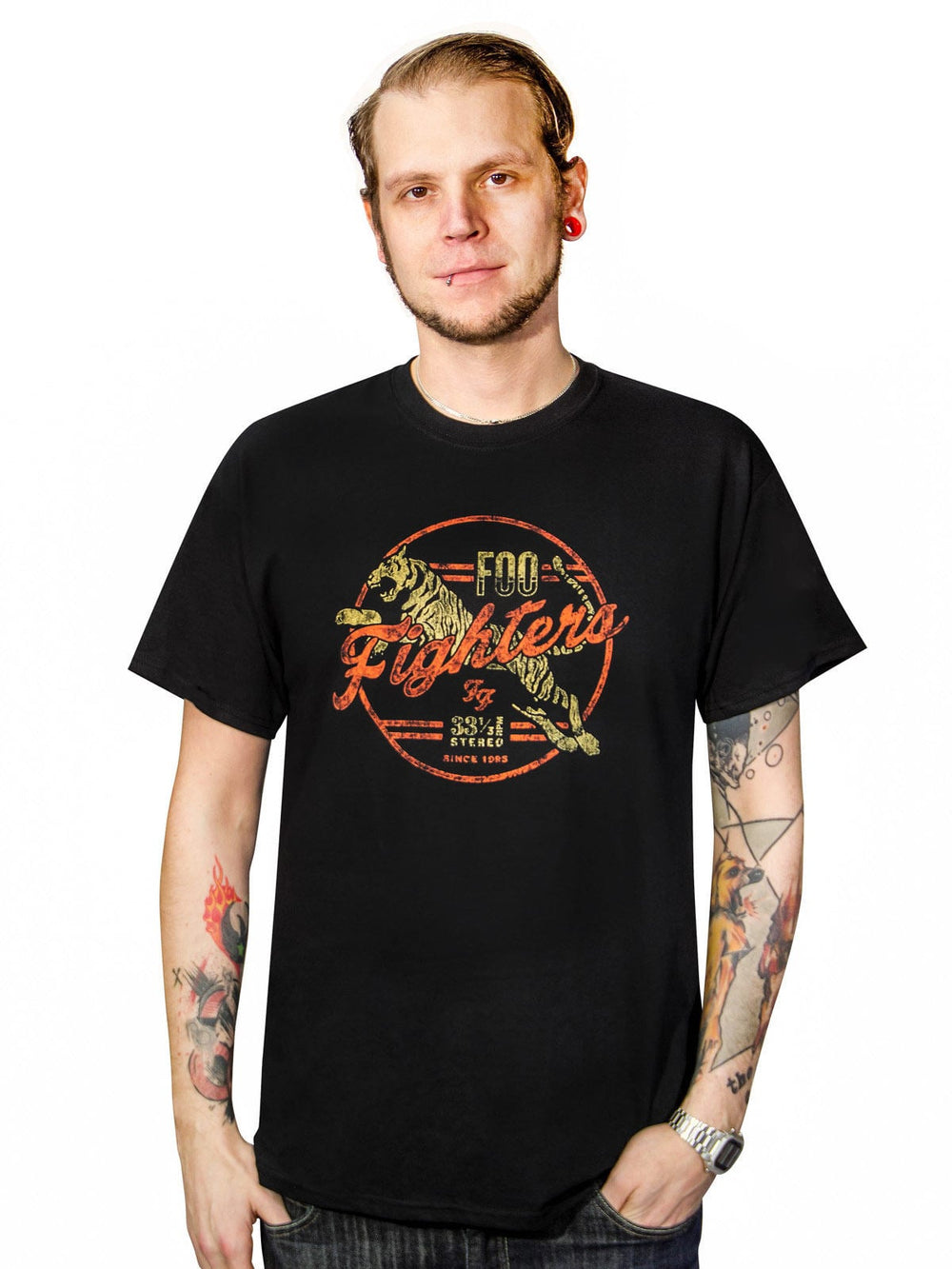 T-shirt Foo Fighters Tiger pour homme noir avec logo rouge et jaune