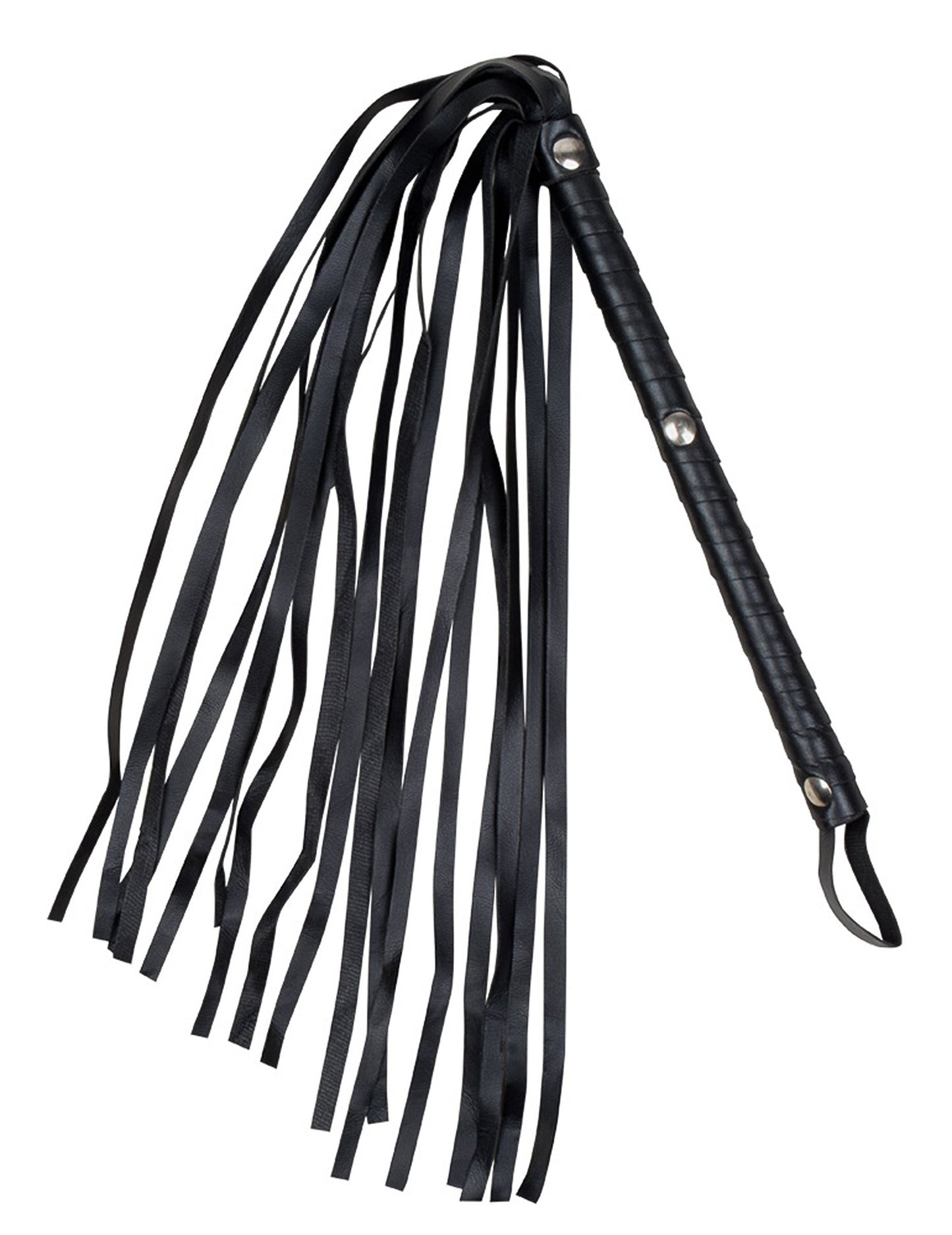 Falošný kožený bič pre dospelých čierny s popruhmi a striebornými nitmi