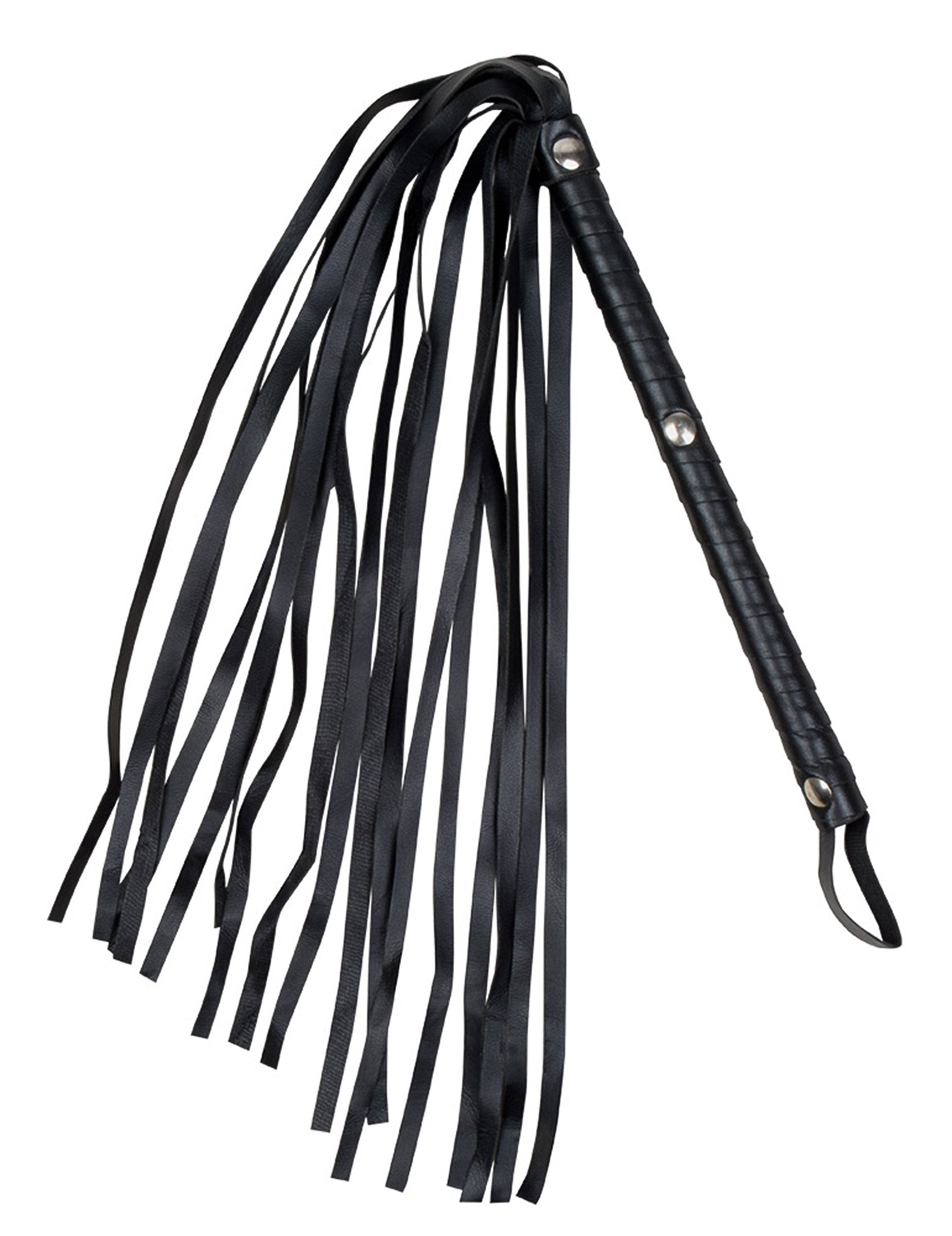 Falošný kožený bič pre dospelých čierny s popruhmi a striebornými nitmi