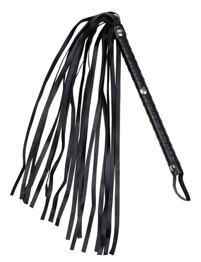 Falošný kožený bič pre dospelých čierny s popruhmi a striebornými nitmi