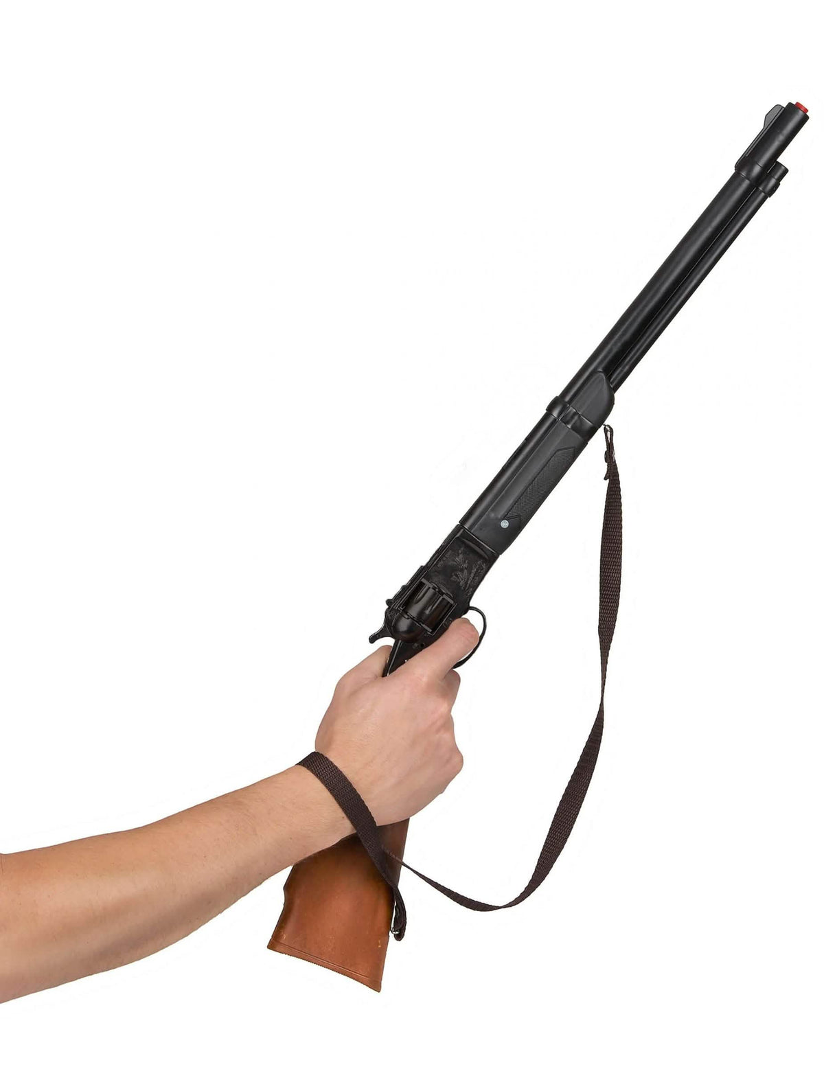 Detail úchopu a ramenného popruhu plastovej cowboyskej pušky na 8 nábojov