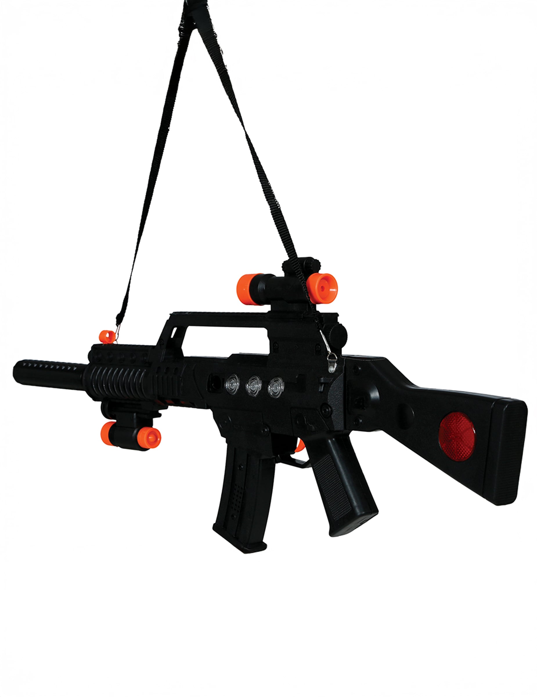 Vue de profil avec sangle du fusil d'assaut sonore et lumineux militaire pour adulte
