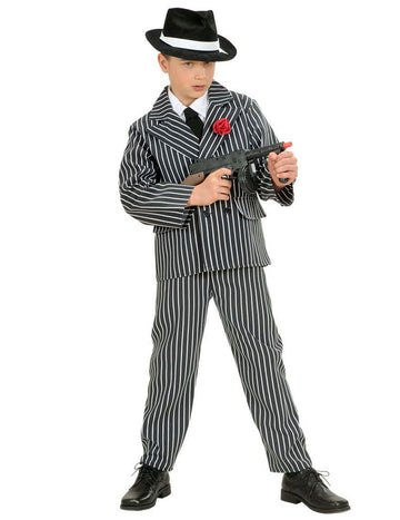 Gangsterský kostým pre chlapca v čiernej a bielej prúžkovanej farbe so šatkou