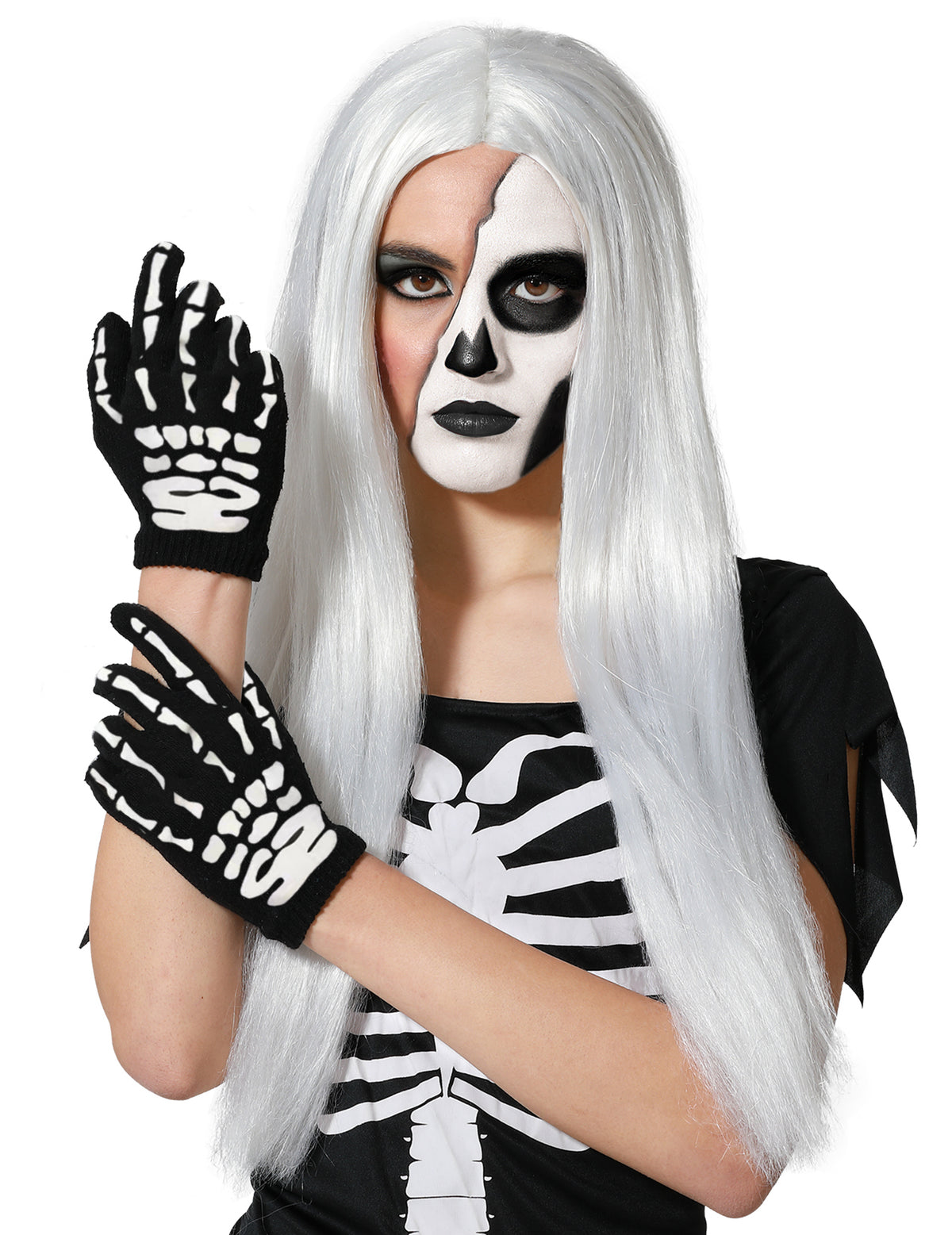 Gants courts de squelette pour adulte noirs et blancs