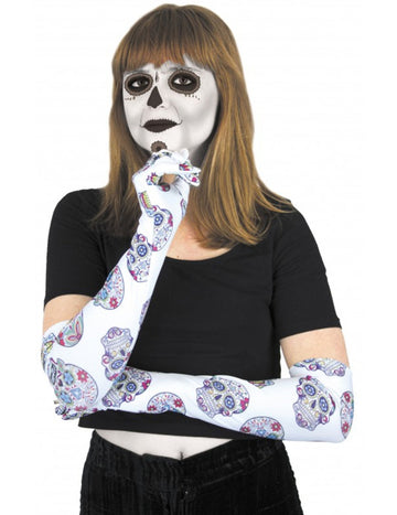 Biele dlhé rukavice s farebným kostrovým priemerom Dia de los Muertos