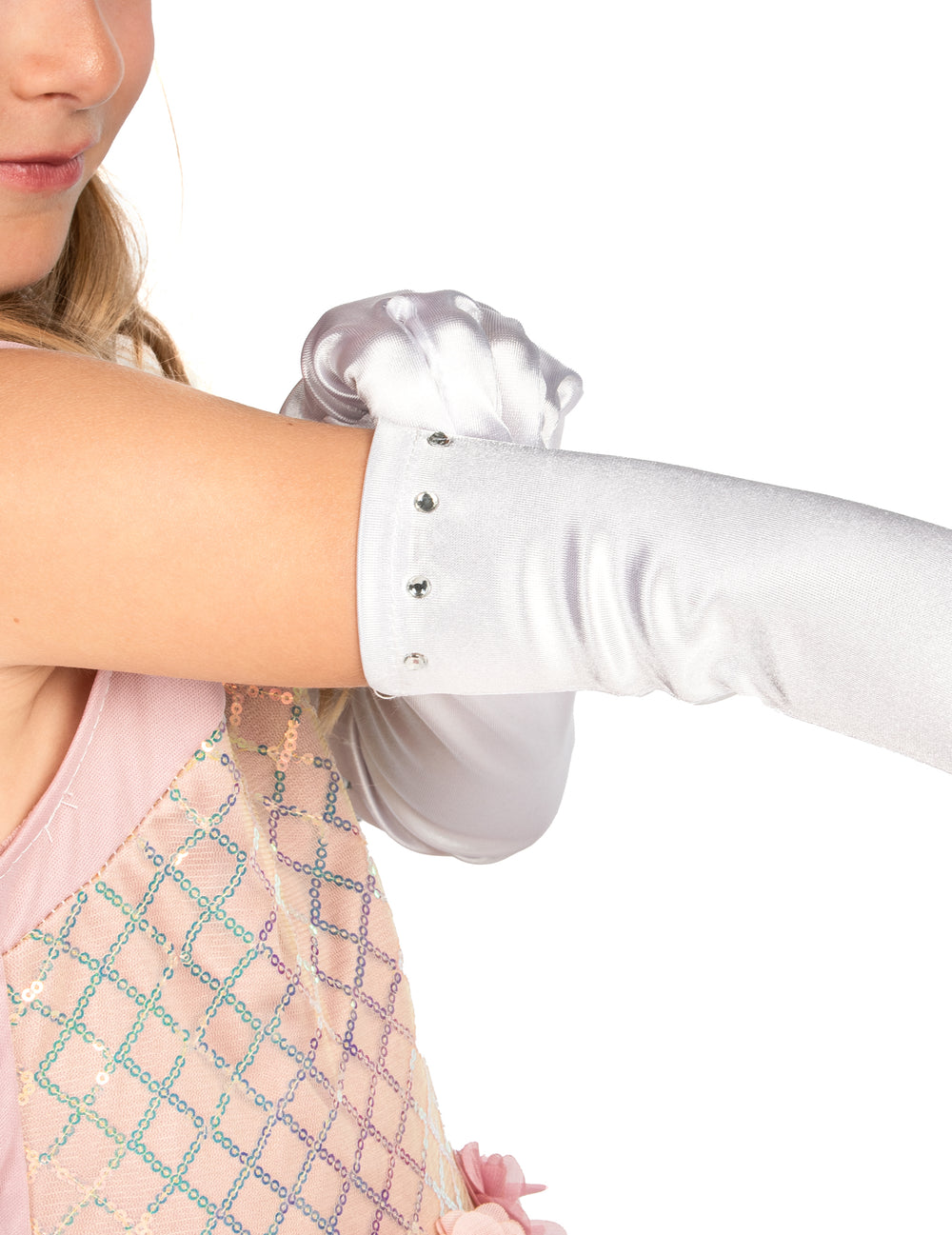 Détail des strass au poignet des gants longs pour enfant