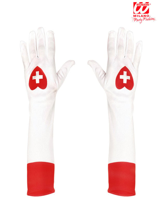 Détail des motifs cœurs et des revers rouges des gants longs d'infirmière pour adulte