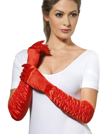 Dlhé saténové rukavice pre ženy v červenej farbe s prehybmi