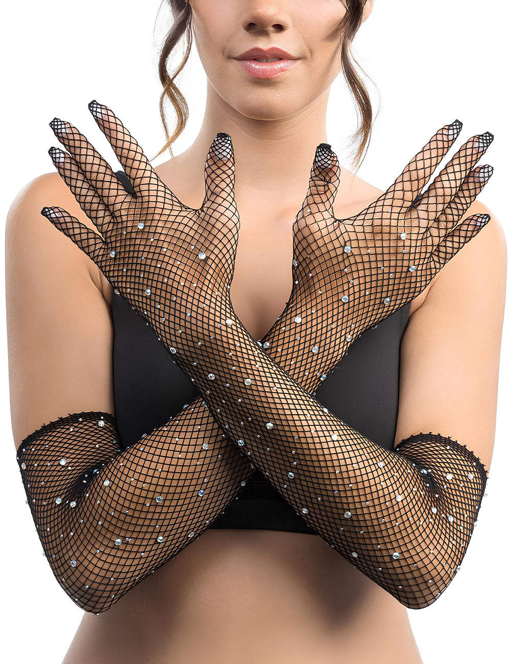 Gants résille longs à strass pour adulte noirs