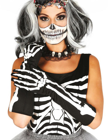 Čierne a biele dlhé kostrové rukavice pre ženy