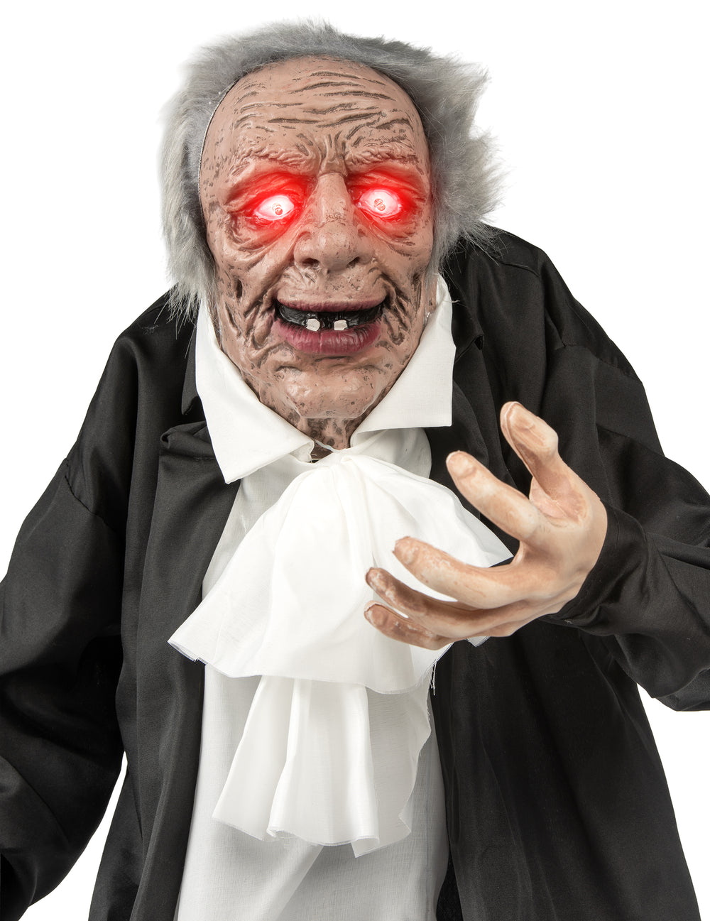 Gros plan sur le visage aux yeux rouges lumineux de la décoration Gardien maudit avec lanterne