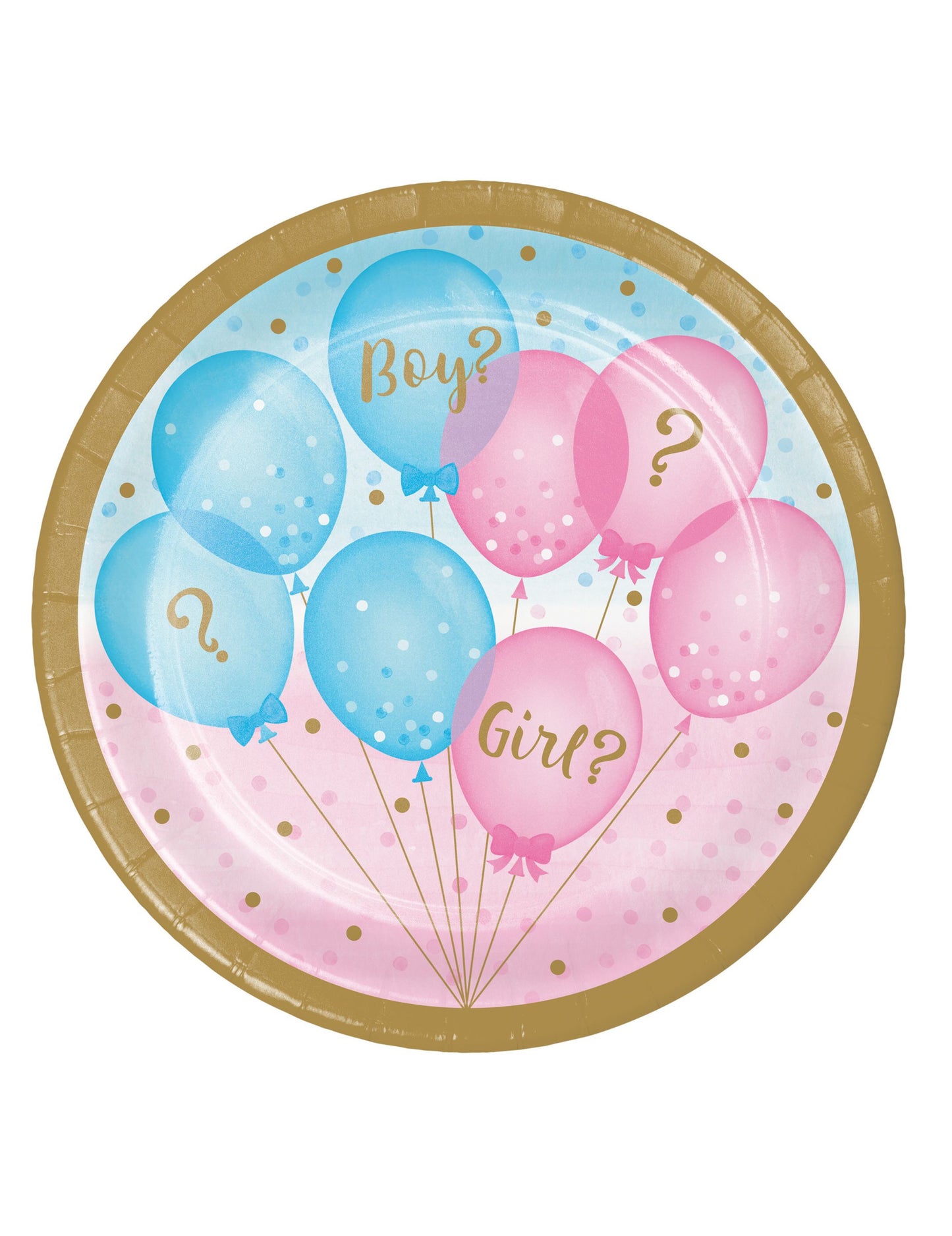 8 malých ružovo-modrých papierových tanierov s potlačou pohlavia 18 cm zlaté okraje