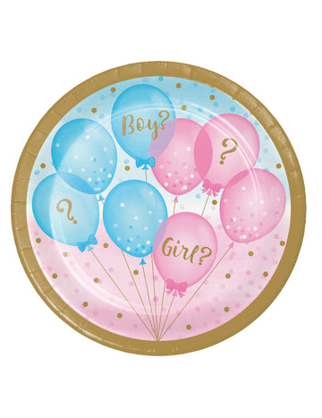 8 malých ružovo-modrých papierových tanierov s potlačou pohlavia 18 cm zlaté okraje
