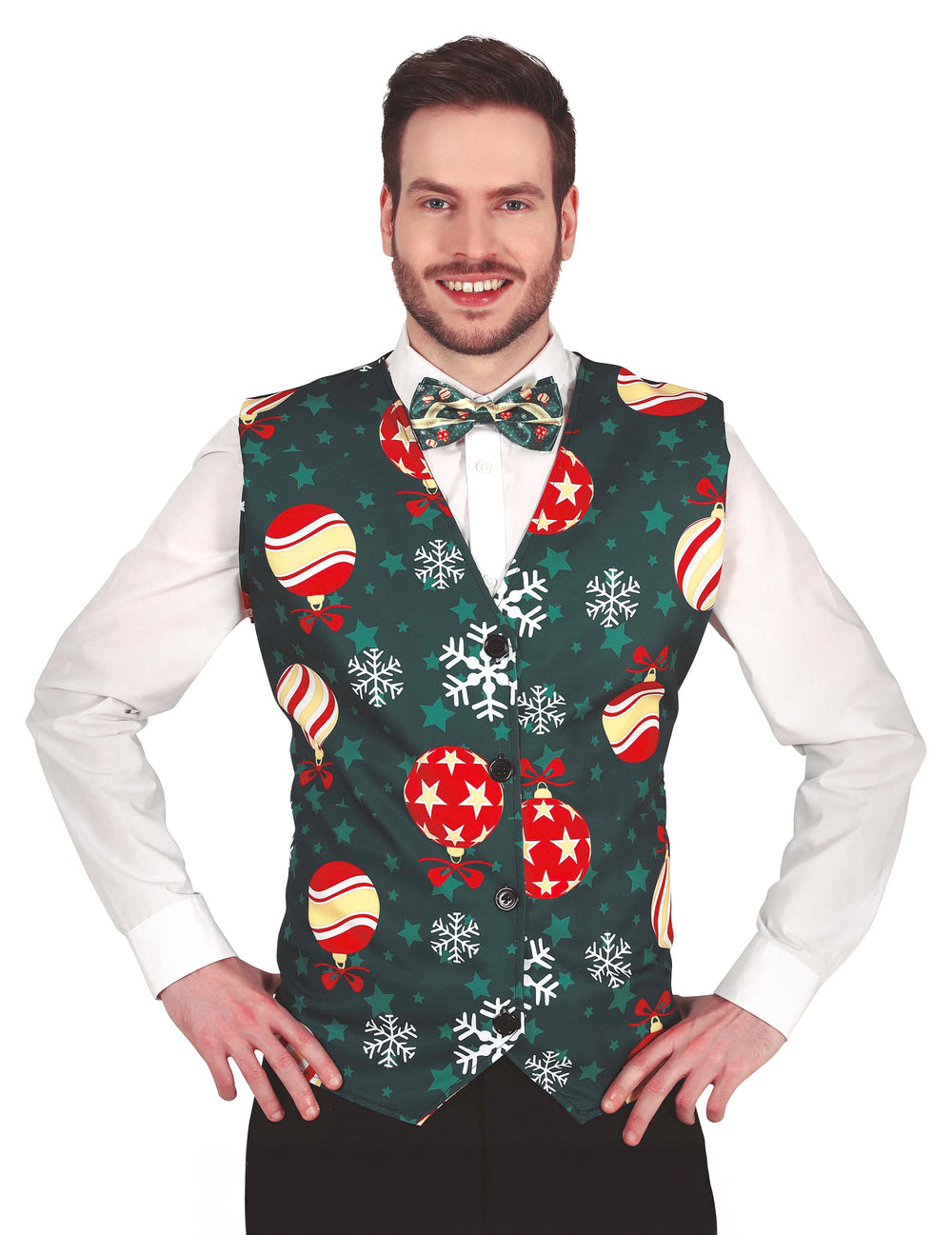 Gilet à motifs flocons et boules de Noël pour adulte vert avec nœud papillon assorti
