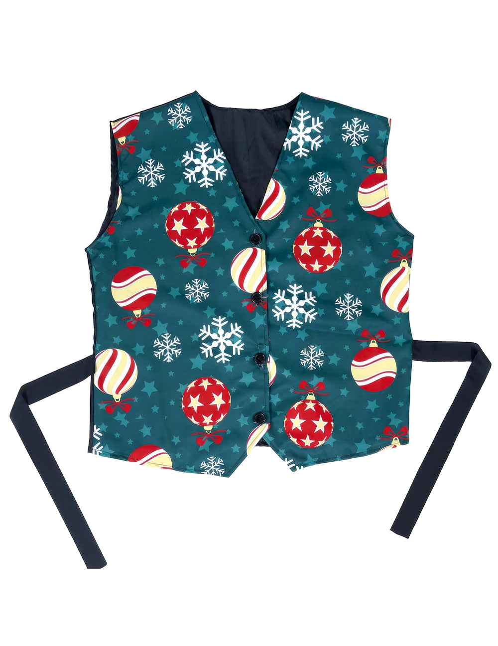 Vue de face du gilet à motifs flocons et boules de Noël pour adulte