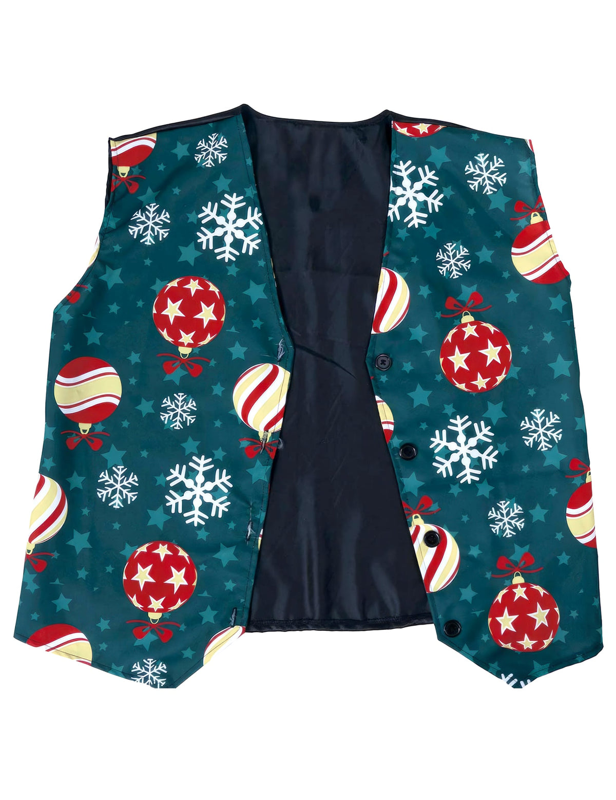 Vue de face à plat du gilet à motifs flocons et boules de Noël pour adulte