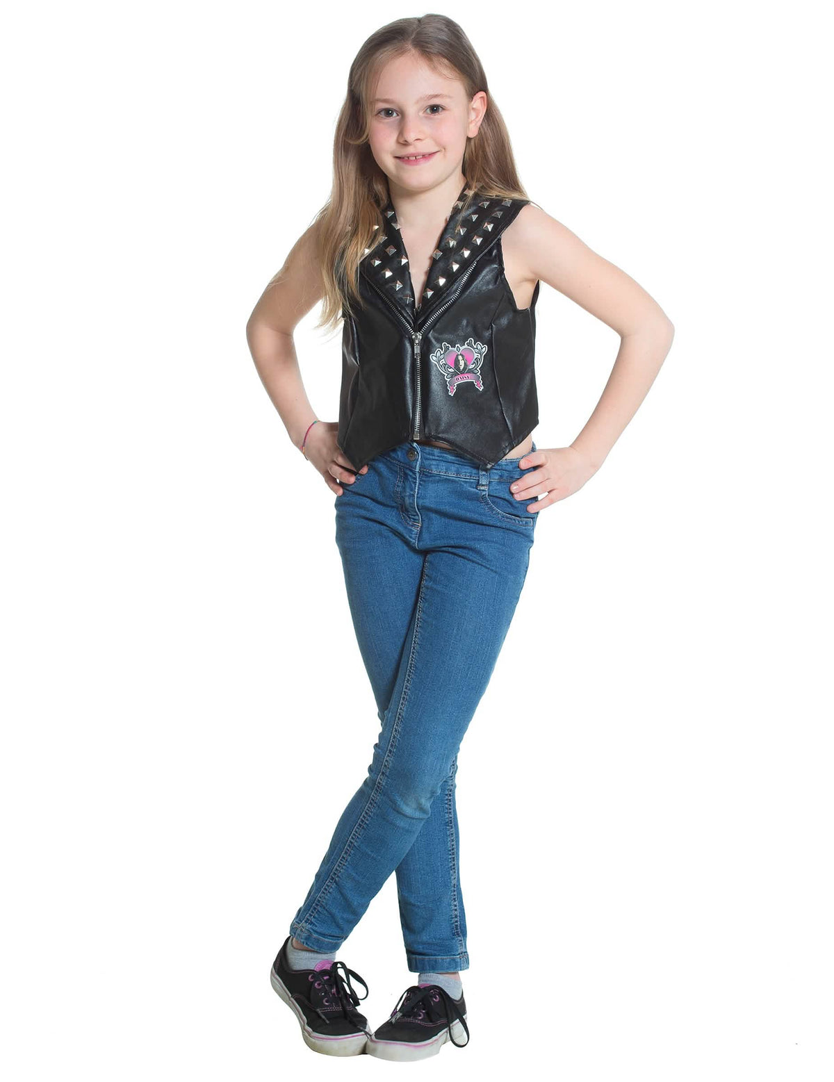 Vesta Daisy Chica Vampiro pre dievča čierna s cvokmi s nášivkou