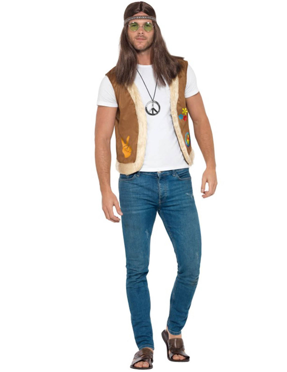 Hippie vesta s kožušinou pre dospelého hnedá s nášivkami