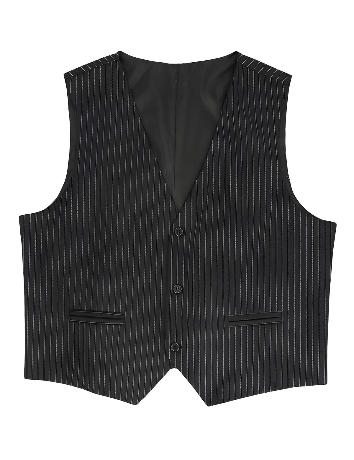 Vue de face du gilet rayé pour homme noir à fines rayures blanches
