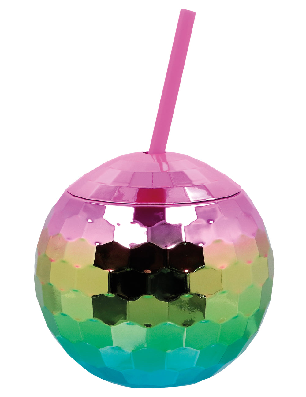 Gobelet boule disco arc-en-ciel avec paille rose