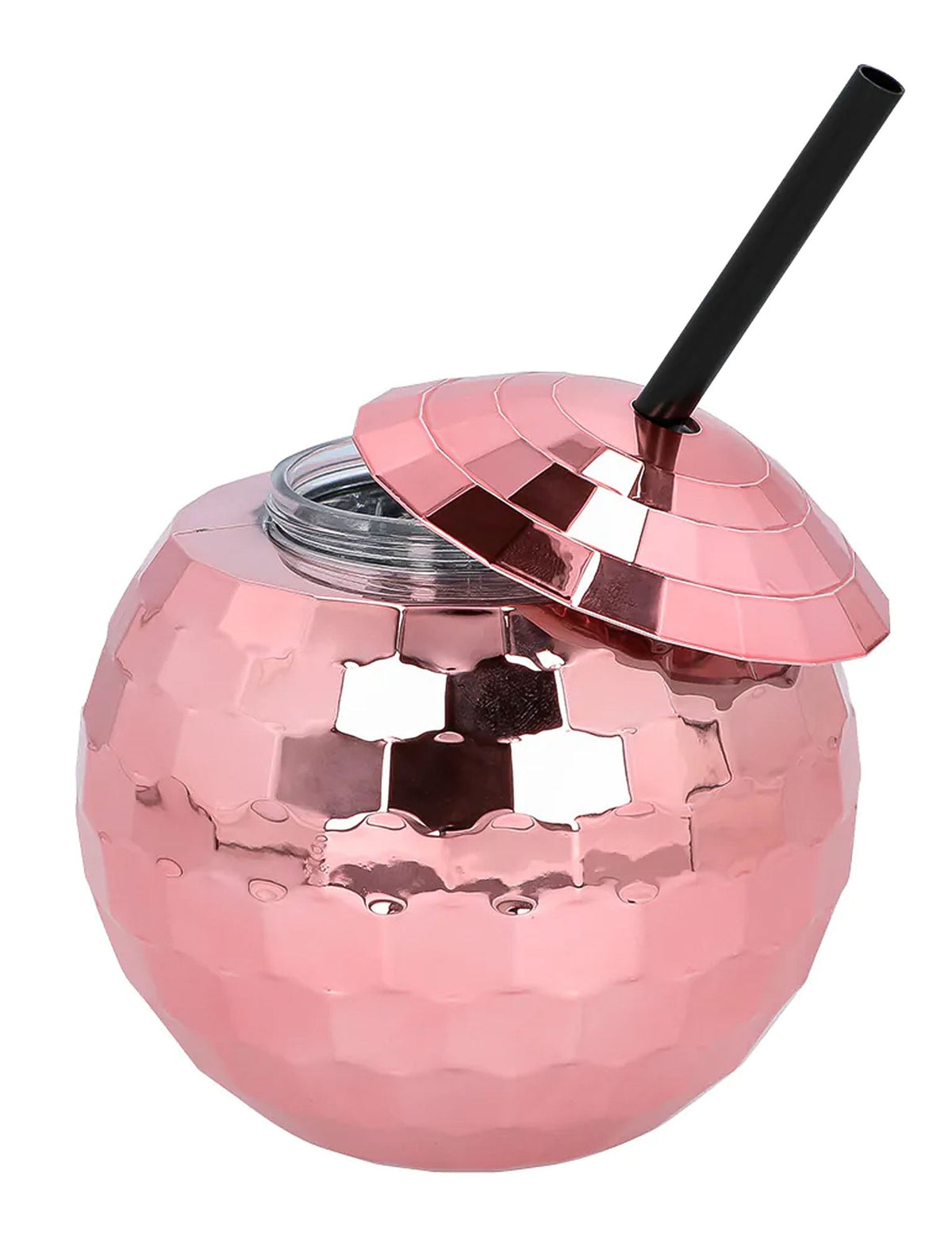 Gobelet boule disco pour fête rose avec paille