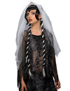 Perruque mariée gothique pour femme noire et blanche avec voile et diadème