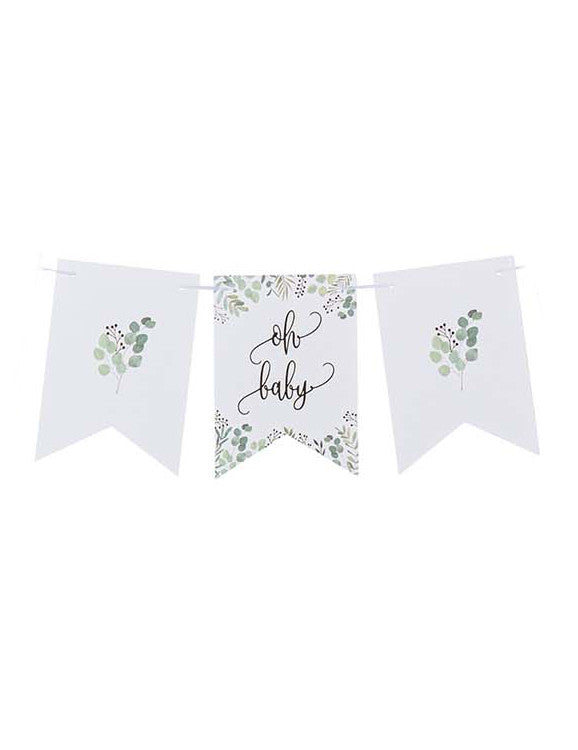 Gros plan sur les fanions de la guirlande de fanions Oh Baby végétal pour baby shower