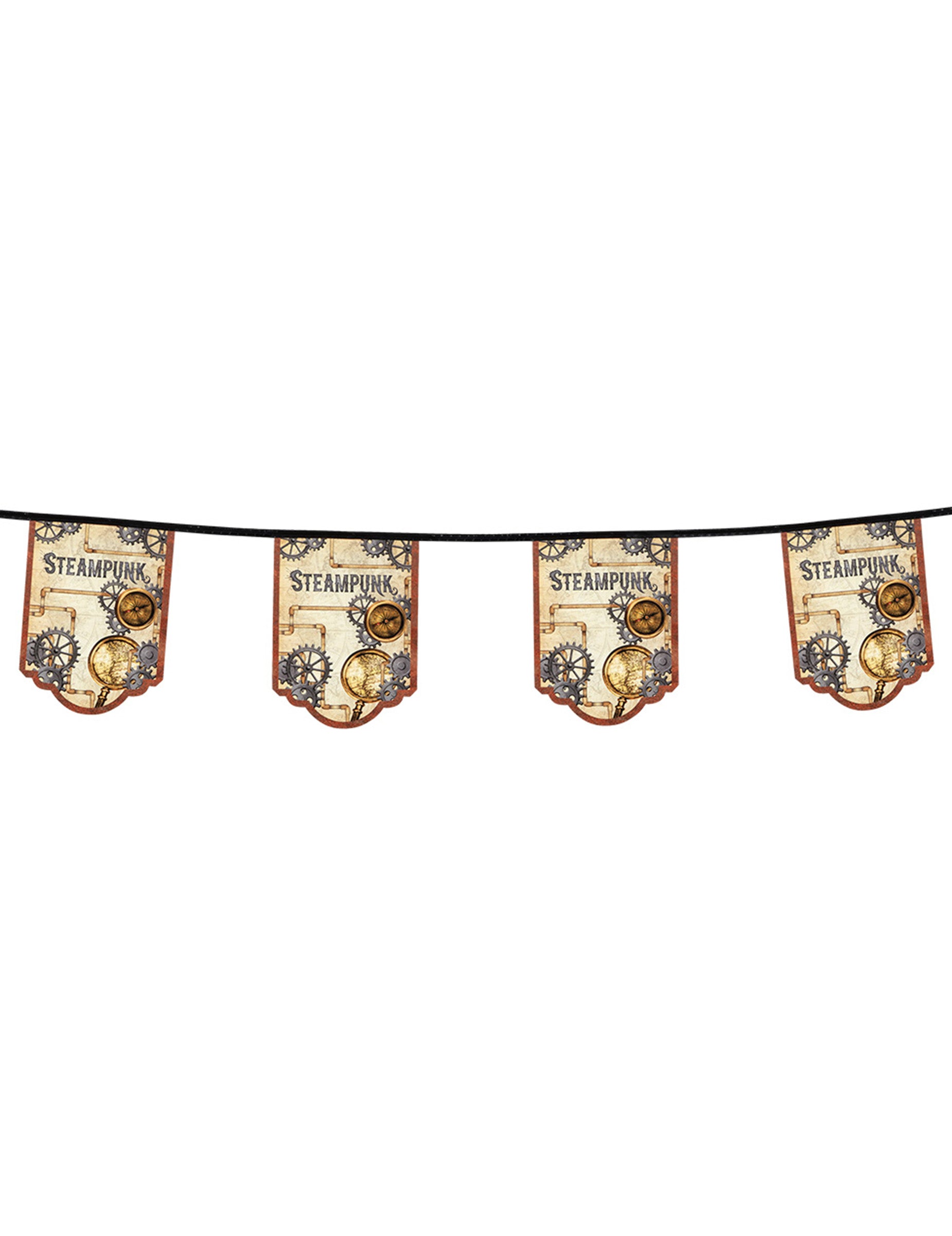 Détail des dimensions d'un fanion de la guirlande 11 fanions en carton Steampunk