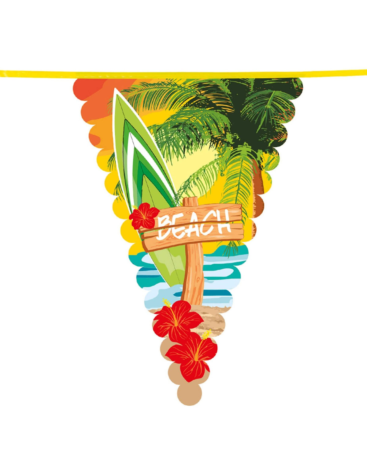 Detail motívu pláže a surfovej dosky na jednom z vlajočiek girlandy s vlajočkami Beach party