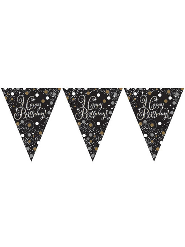 Guirlande à fanions célébration étincelante happy birthday pour anniversaire noir doré et argenté