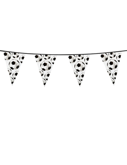 Guirlande à fanions Foot party blanche et noire avec imprimé ballons de football