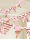 Guirlande à fanions anniversaire pour décoration rose et rose gold avec tassels