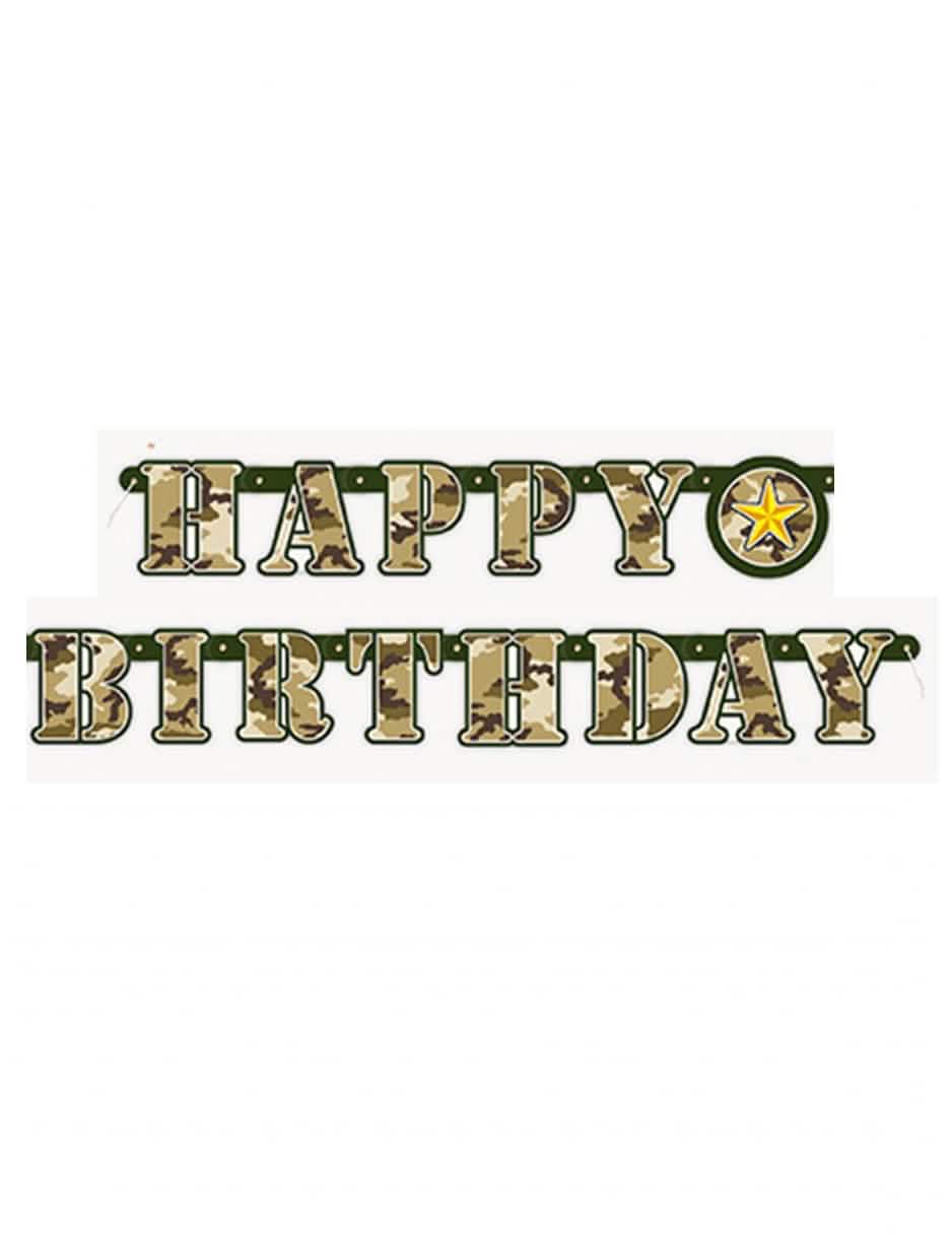 Guirlanda s kĺbmi Happy Birthday vojenský motív maskáčový zelená a hnedá