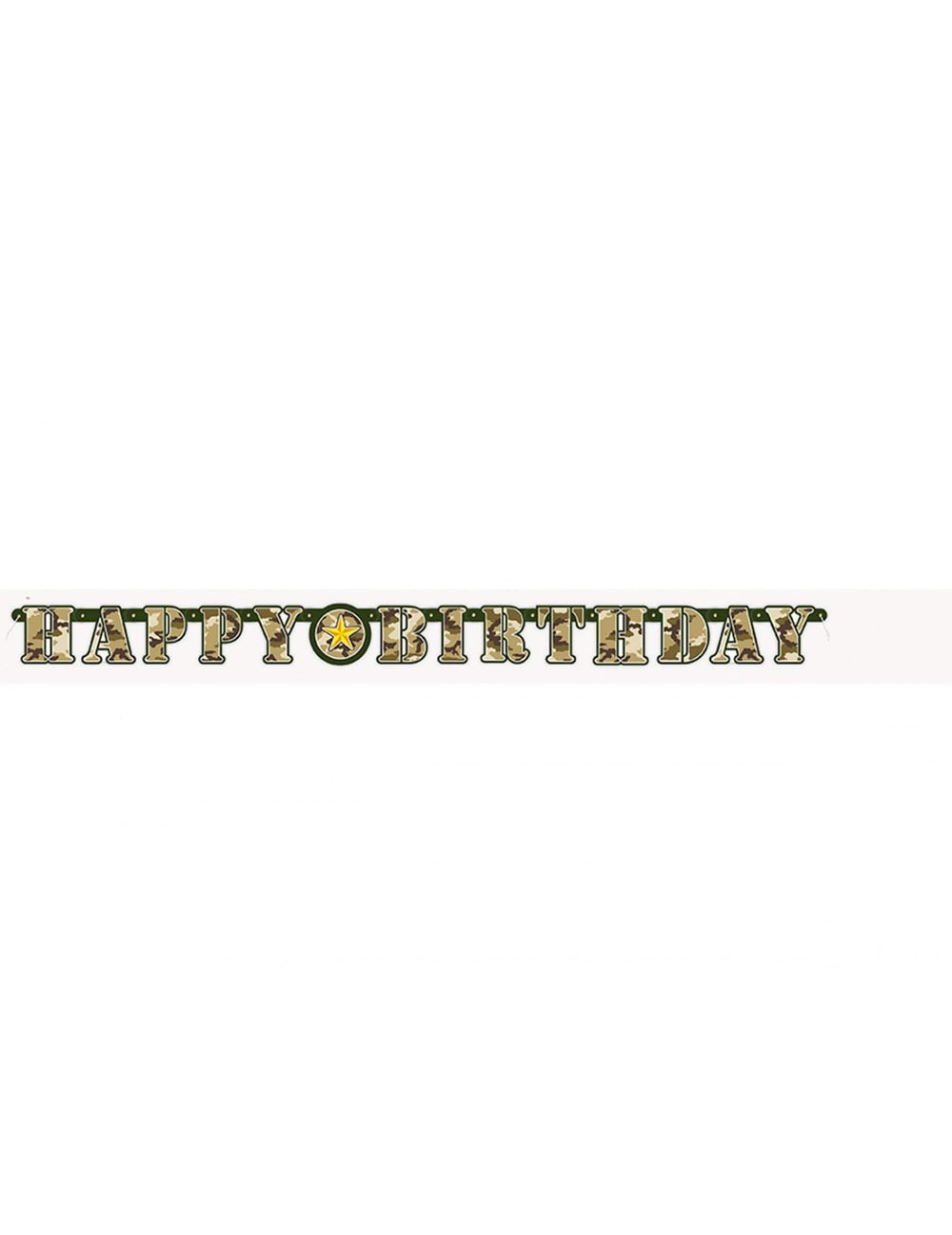 Predný pohľad na pohyblivú girlandu Happy Birthday vojenskú