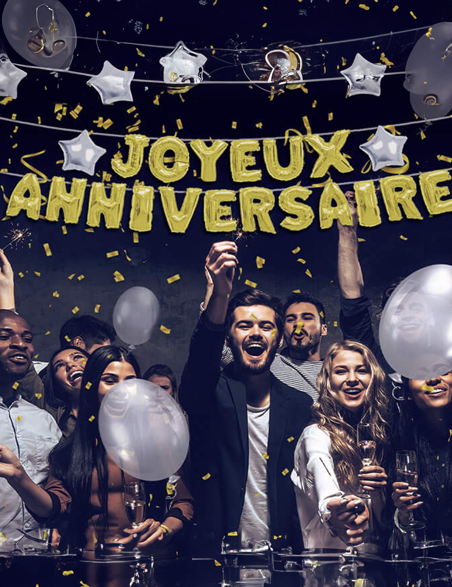 Mise en situation de la guirlande ballons lettres Joyeux Anniversaire