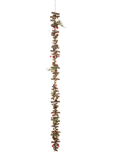 Guirlande en bois naturel petits rondins pour décoration marron avec baies rouges