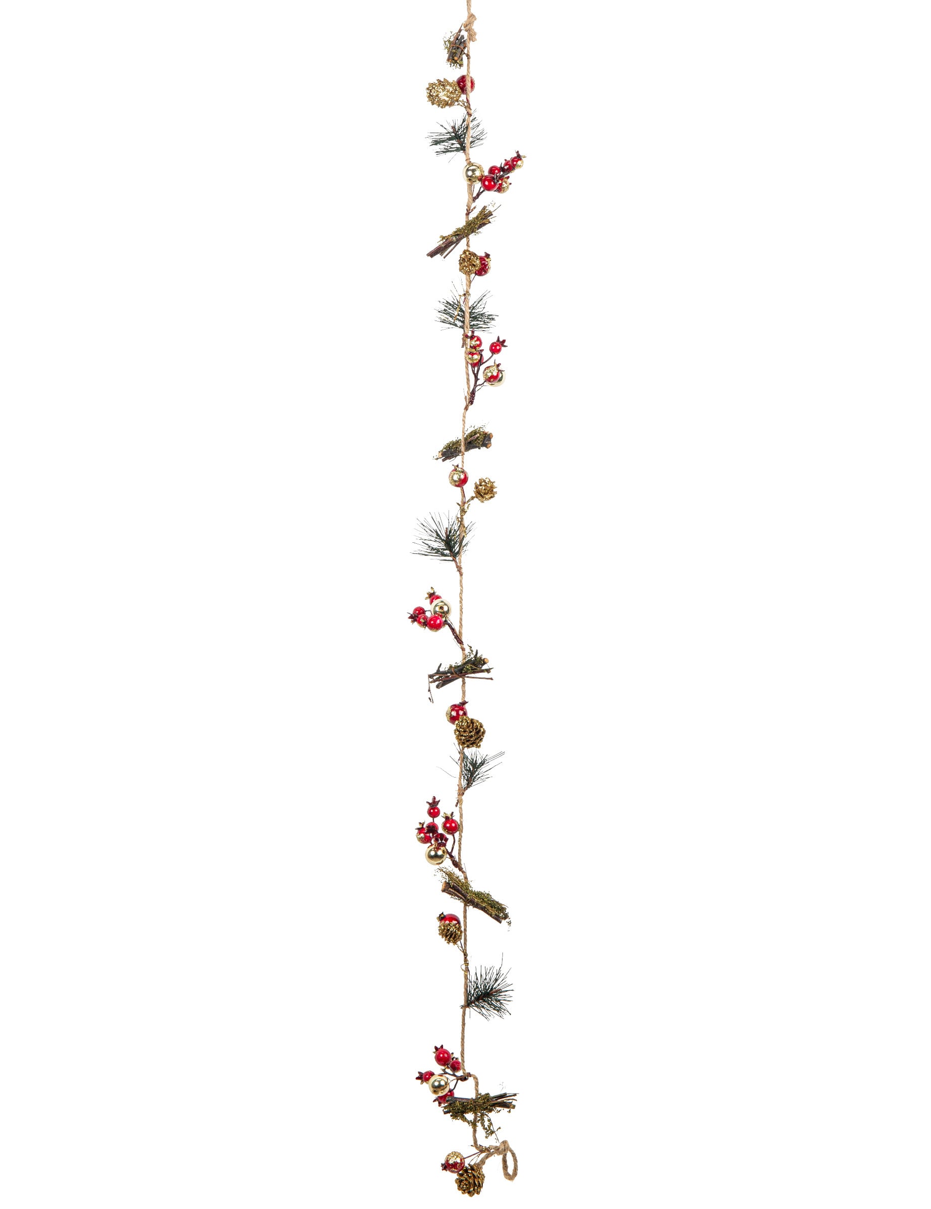 Guirlande de pommes de pin, baies, sapin et bois pour décoration rouge et dorée