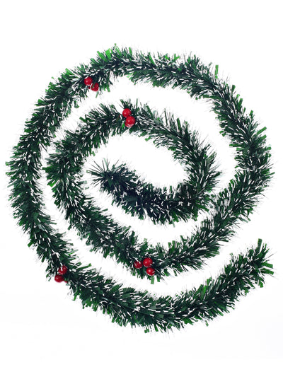 Guirlande de sapin enneigée avec baies pour décoration verte et rouge