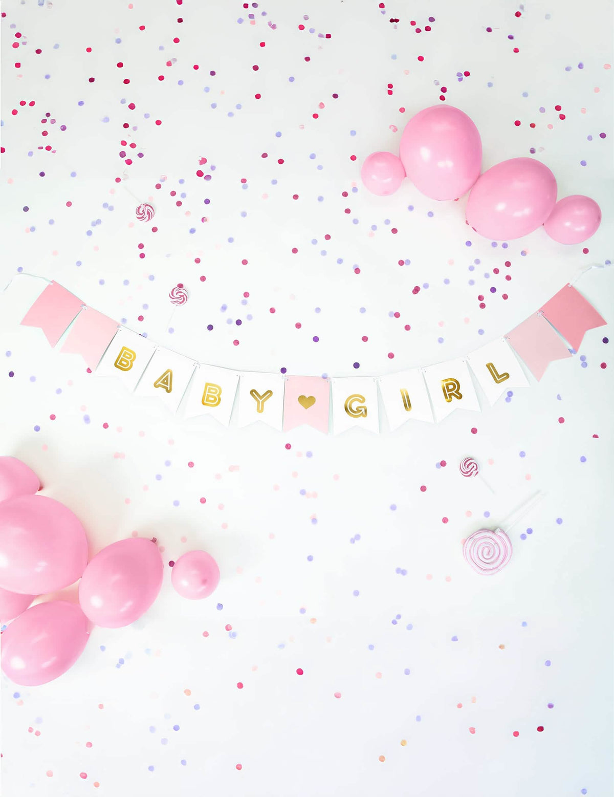 Scéna s balóny a konfety z kartónovej girlandy baby girl na baby shower