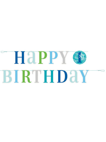 Girlanda z modrého kartónu "Všetko najlepšie k 1. narodeninám", 1,8 m, chlapčenská dekorácia