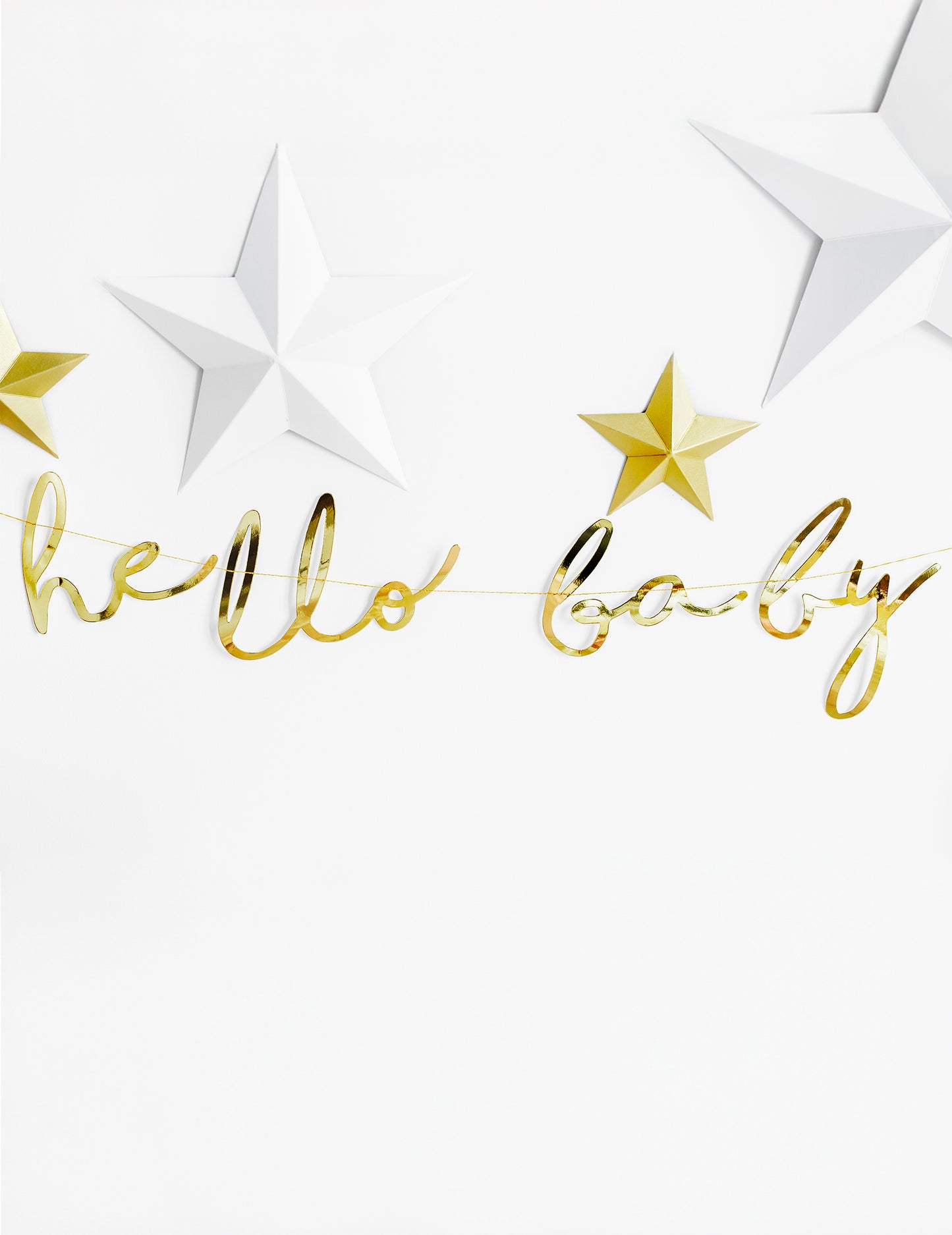 Metalická zlatá kartónová girlanda „Hello Baby“, 18 x 70 cm cm na detskú oslavu