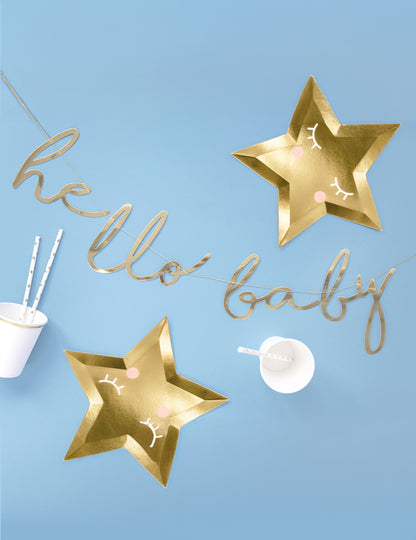 Metalická zlatá kartónová girlanda „Hello Baby“, 18 x 70 cm cm na detskú oslavu