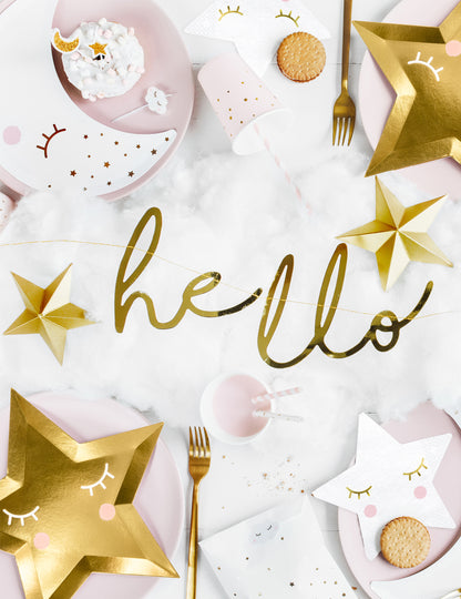 Metalická zlatá kartónová girlanda „Hello Baby“, 18 x 70 cm cm na detskú oslavu