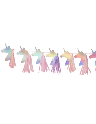 Guirlande en papier et tassel Licorne pour fête iridescente avec pompons roses et violets