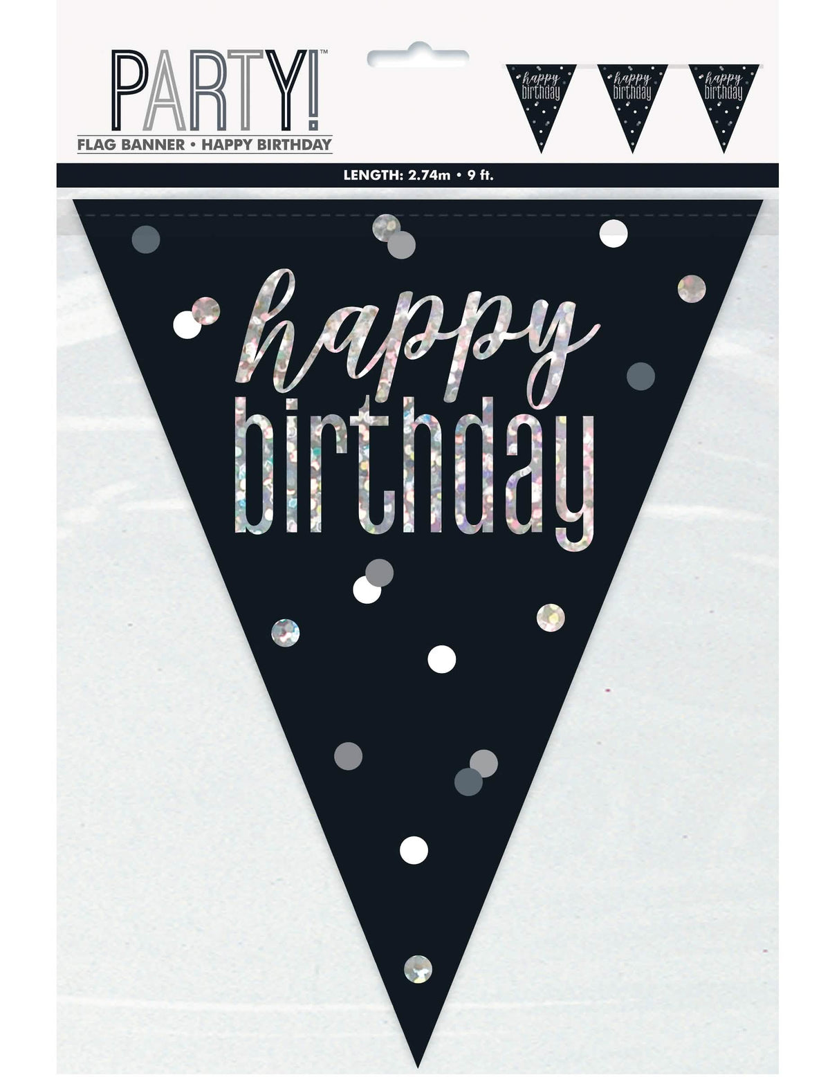 Girlanda s vlajočkami Happy Birthday na narodeniny čierna a sivá so strieborným nápisom