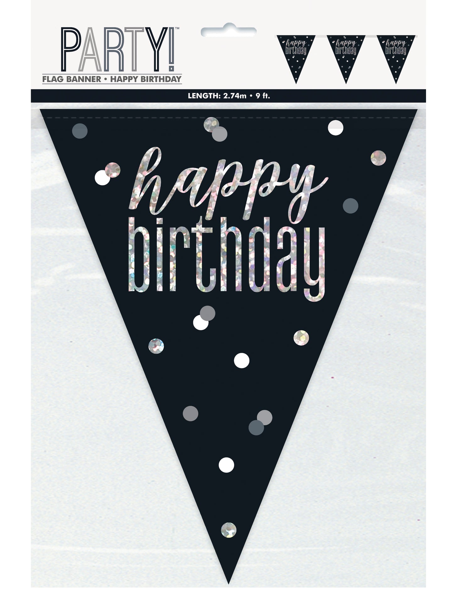 Čiernosivá plastová girlanda „Happy Birthday“, 2,7 m, so striebornými vlajočkami
