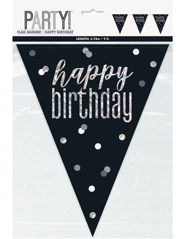 Čiernosivá plastová girlanda „Happy Birthday“, 2,7 m, so striebornými vlajočkami
