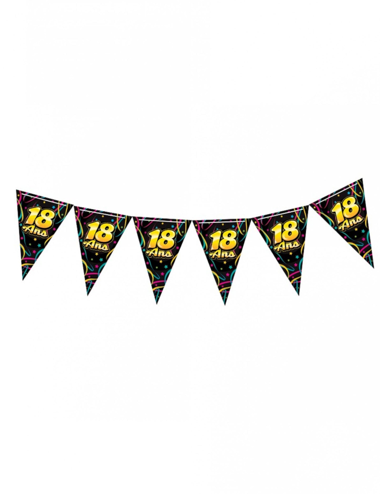 Girlanda z vlajočiek na oslavu 18. narodenín pre čiernu párty s žltými číslami a farebnými serpentínami